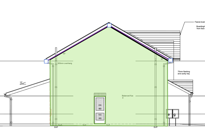 A gabled elevation with sloping breaking-cut edges detected and highlighted