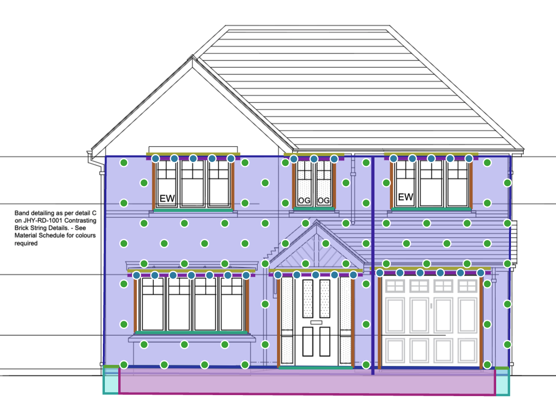 An elevation drawing with every detected element highlighted: wall ties, weep holes, lintels and DPC