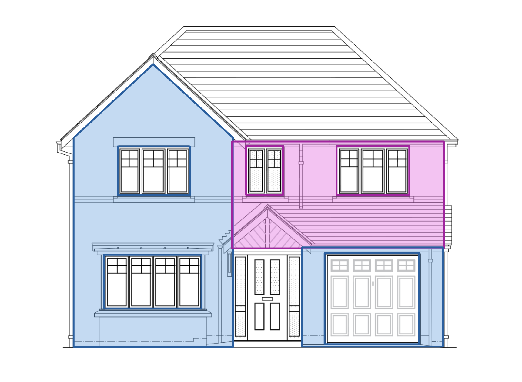 A house elevation drawing with measured wall regions highlighted, windows and doors detected